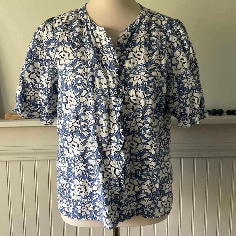 J.Crew Blue Floral Linen Blend Top Small Cottagecore Puff Sleeve Blouse